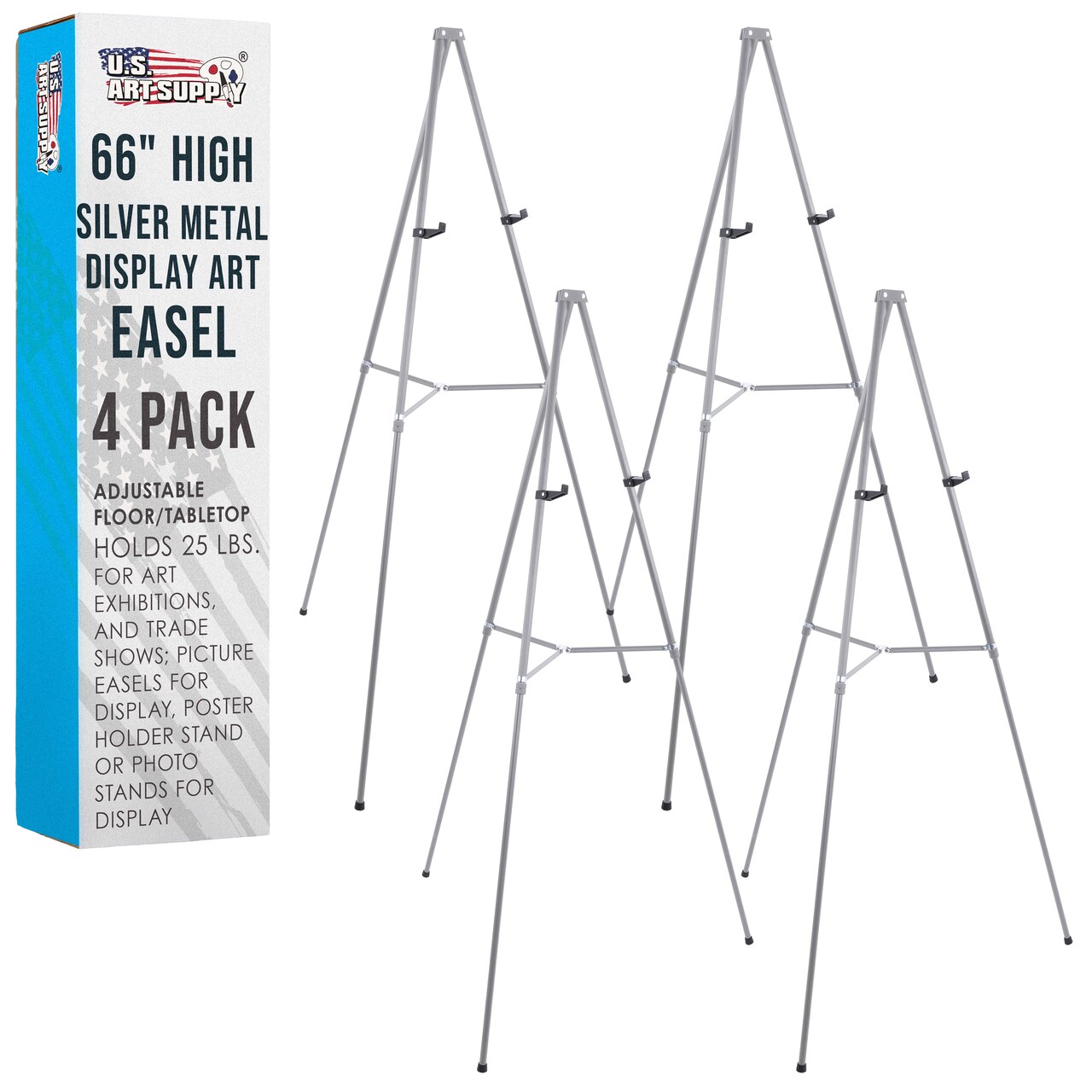 66" High Gallery Silver Metal Display Easel (4 Pack) - Large Adjustable Height Portable Easel Stand, Sign Display, Holds 25 lbs - Floor & Tabletop Easels, Painting Stand